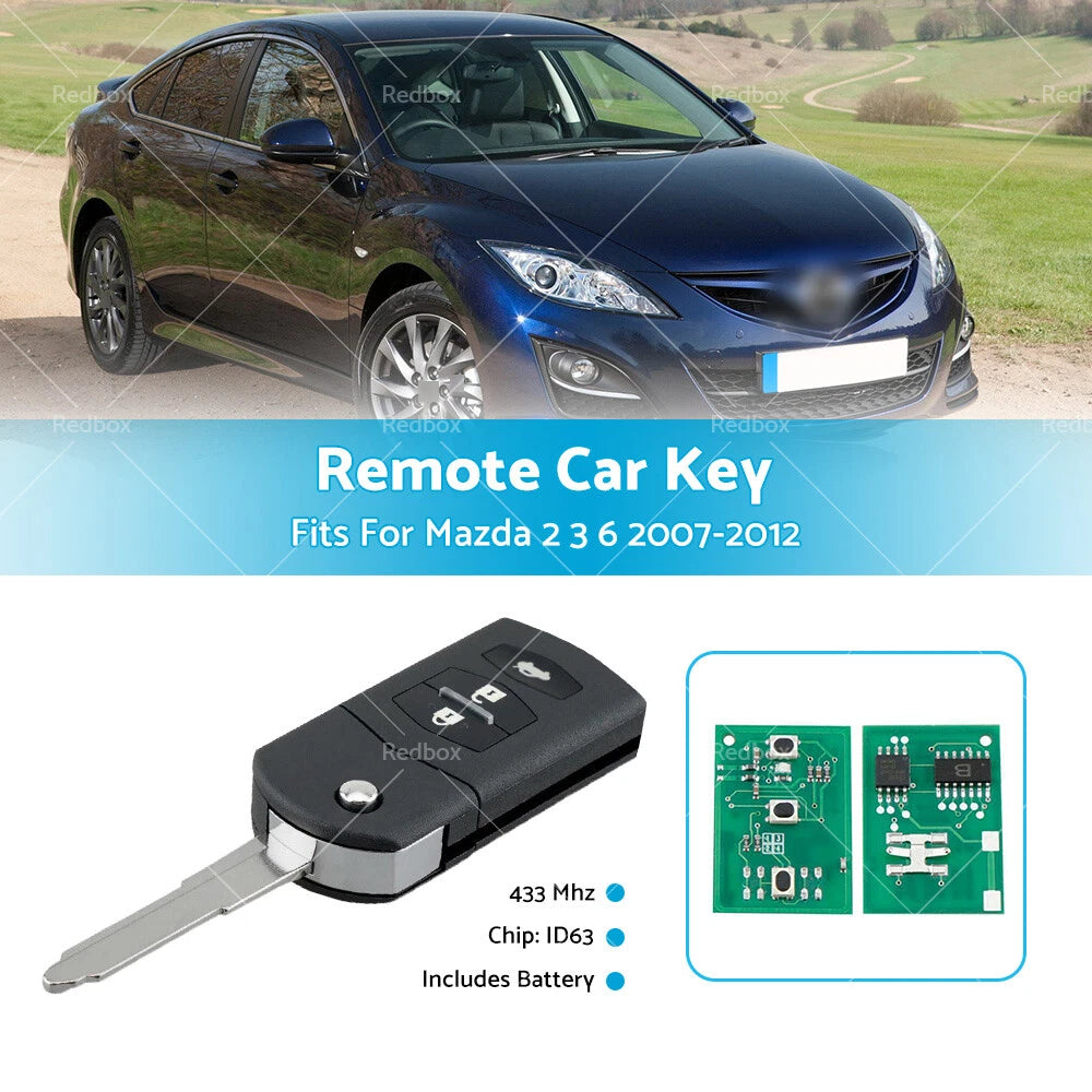 Complete Remote Car Key 433MHz ID63 80Bit Chip 3 Buttons for Mazda 2 3 6 (2003-2023)