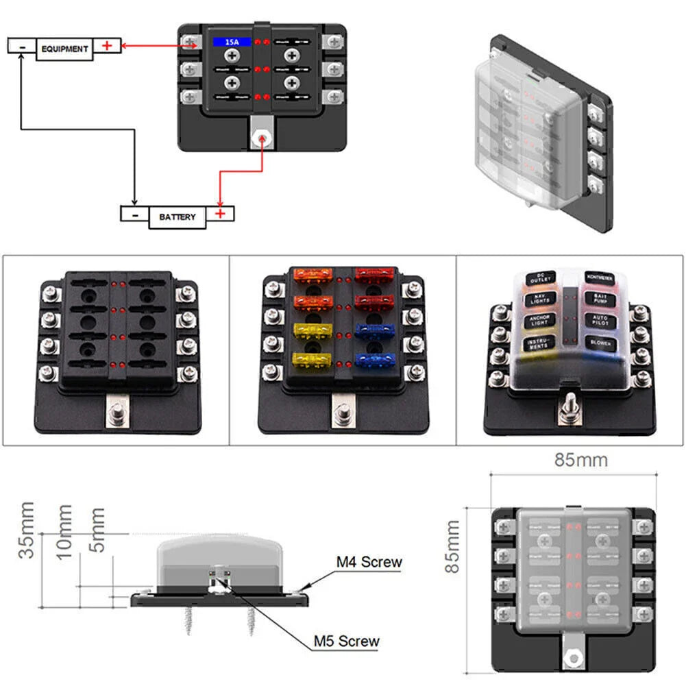 8 Way LED Fuse Box Block Holder for Universal Use
