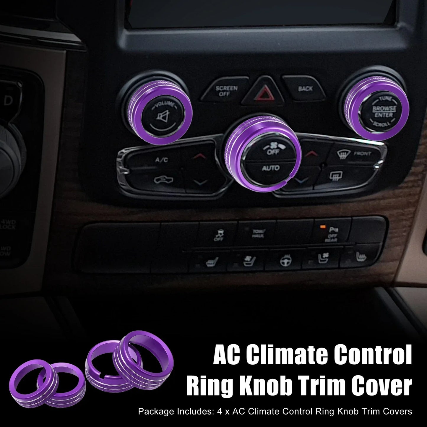 AC Switch Knob Cover Ring Trim for Dodge Ram 1500 (2019-2023) - 4 x Purple
