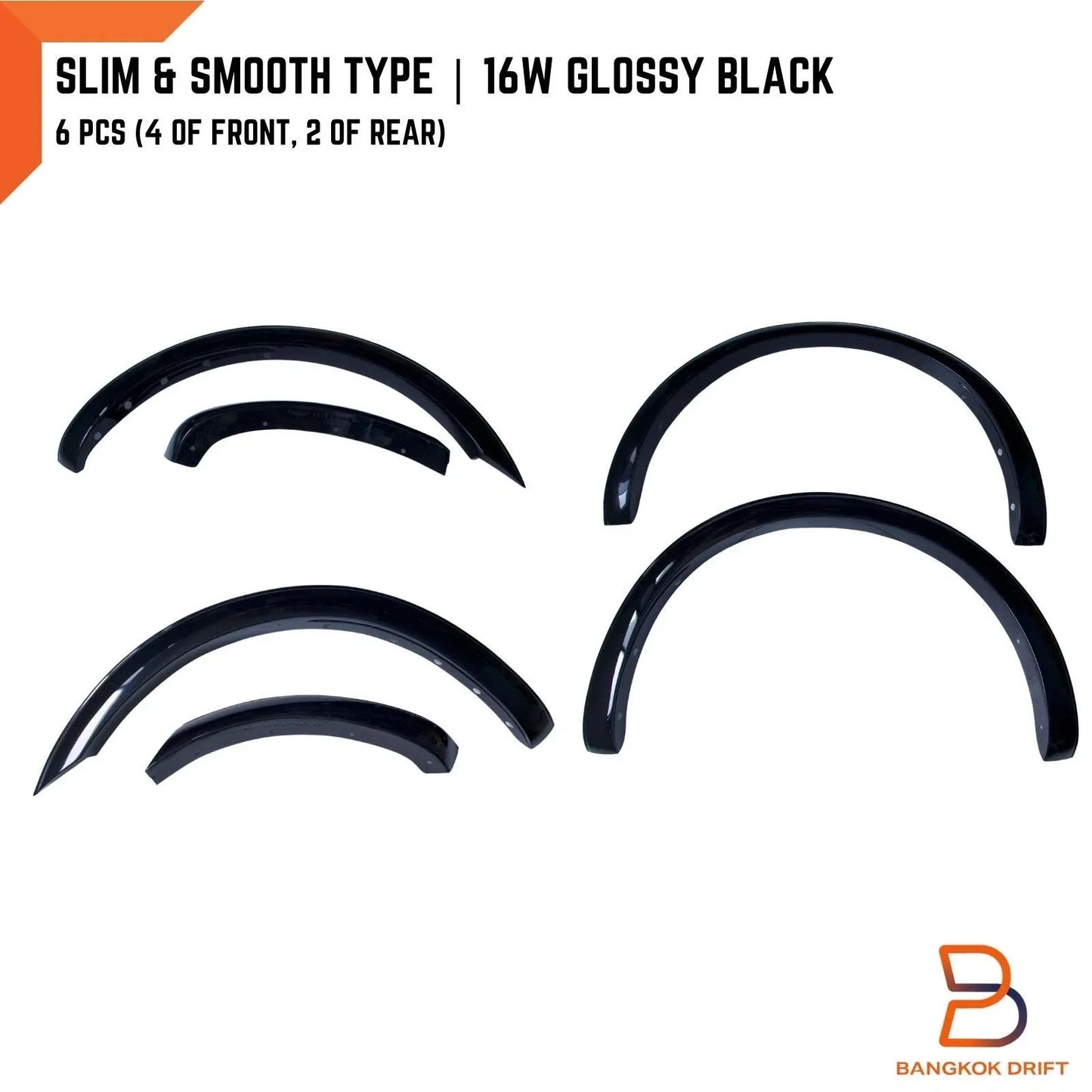 16W Glossy Black Slim Fender Flares for Ford Ranger T6 (2015-2018)
