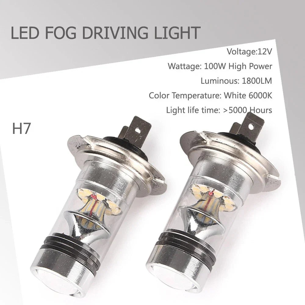 6000K H7 100W LED 20-SMD Projector Fog Driving DRL Light Bulbs for Car