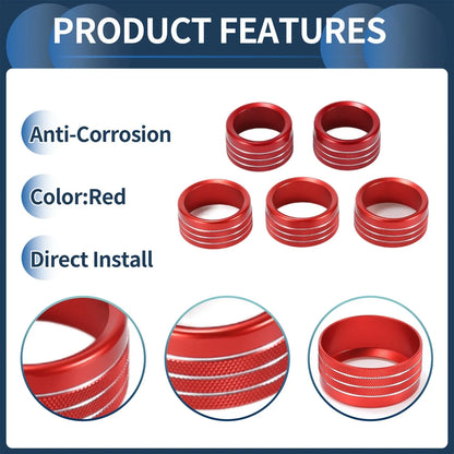 AC Media Volume Switch Knob Cover Ring for Dodge RAM 2018-2022 - 5 Pcs Red
