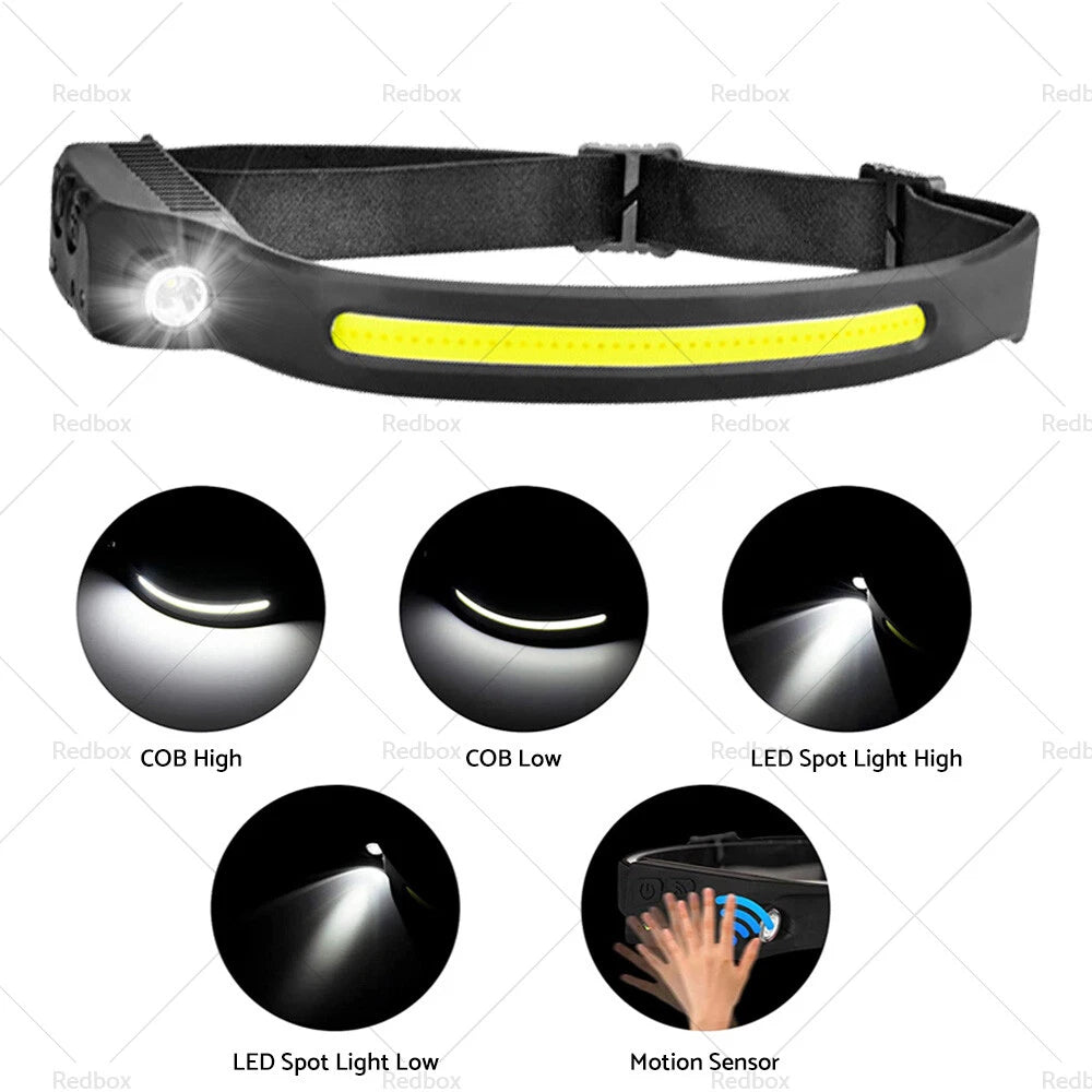 Waterproof LED COB Headlamp for Motion Sensor USB Rechargeable Headlight