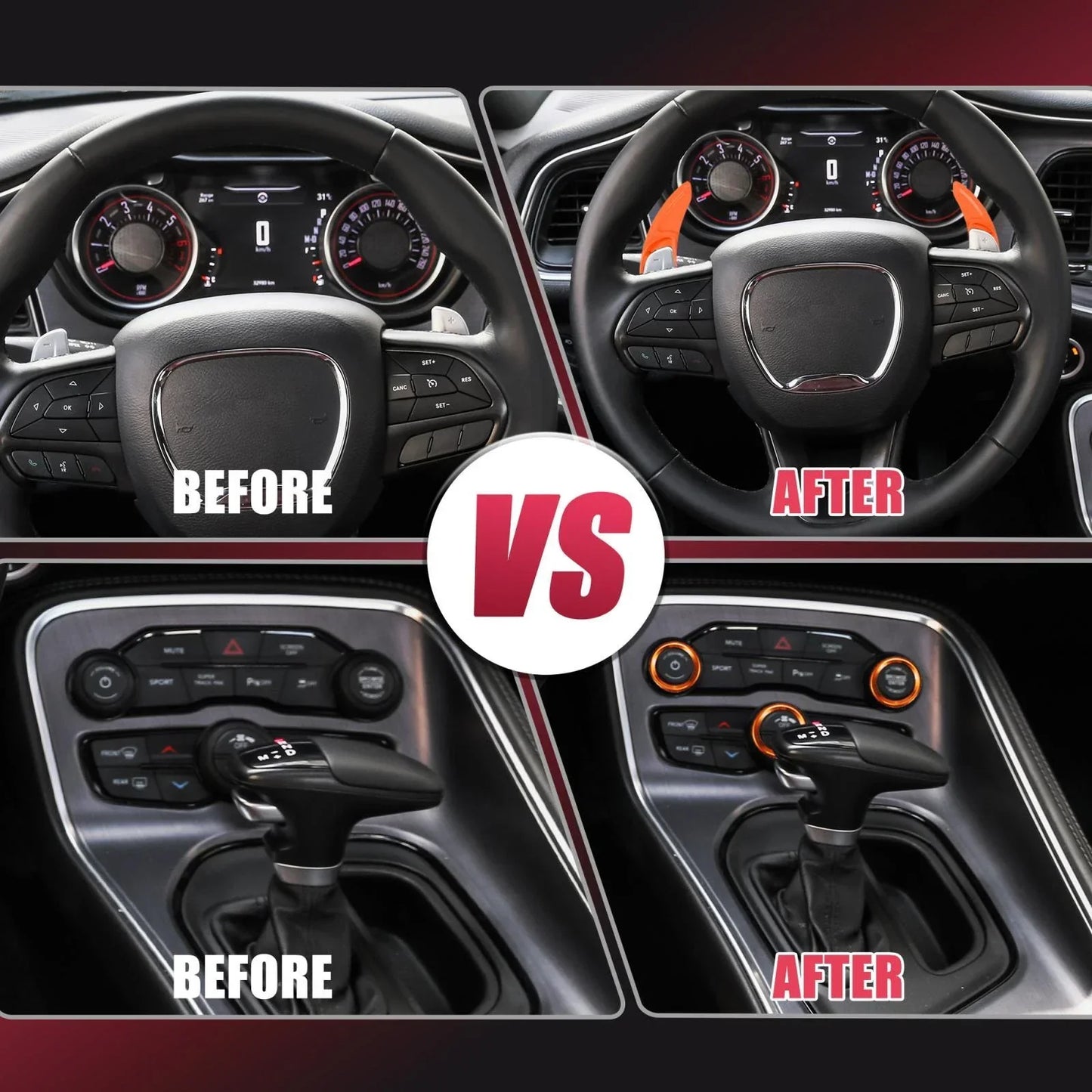 Orange Paddle Shifter AC Volume Knob Cover Ring Trim for Dodge Charger (2011-2023)