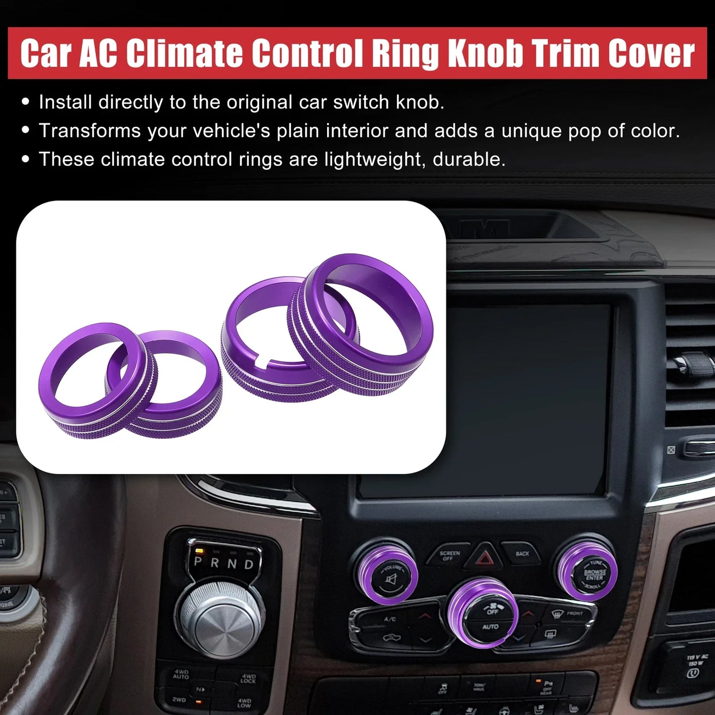 AC Switch Knob Cover Ring Trim for Dodge Ram 1500 (2019-2023) - 4 x Purple