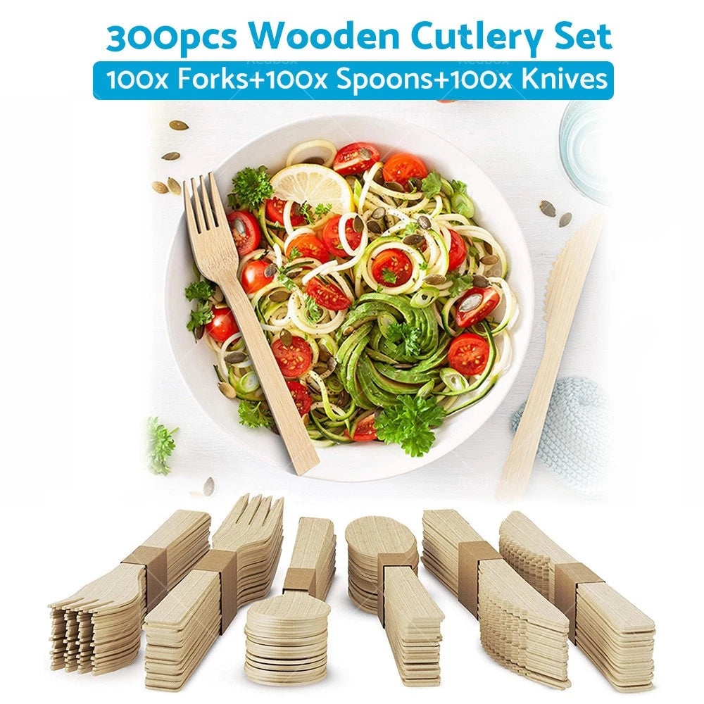 300 x Wooden Cutlery Set - Disposable Bamboo Forks, Spoons, Knives - Eco Friendly