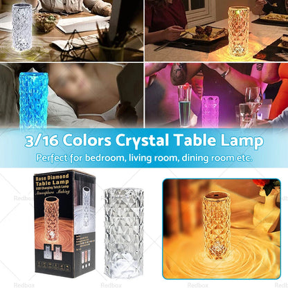 Crystal Table Lamp with USB & 3/16 Color LED Light for Rose Diamond Touch