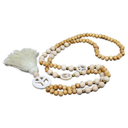 Bohemian Long Necklace with Tassel, Peace Sign, Wood Beads, Fringe