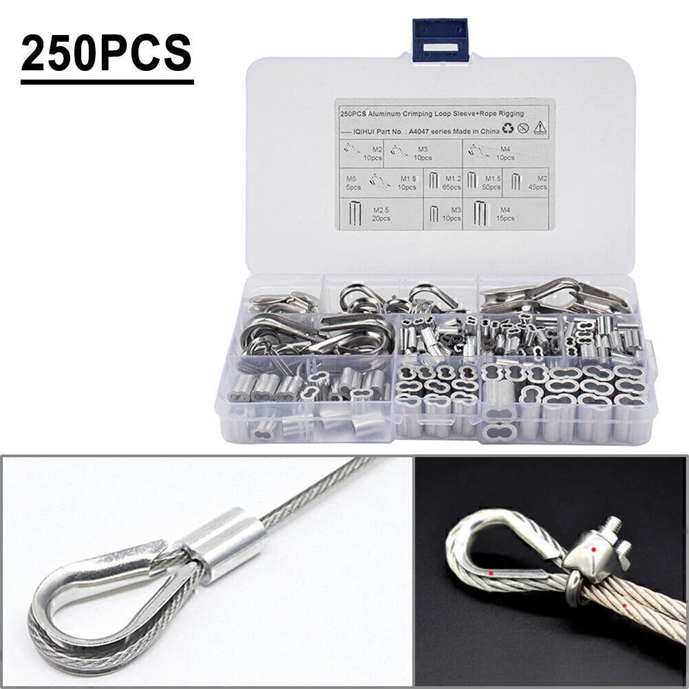 250Pcs Thimble & 6 Size Crimping Loop Sleeves for Wire Rope Cable