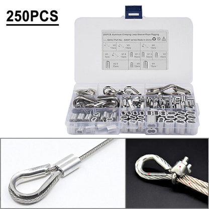 250Pcs Thimble & 6 Size Crimping Loop Sleeves for Wire Rope Cable