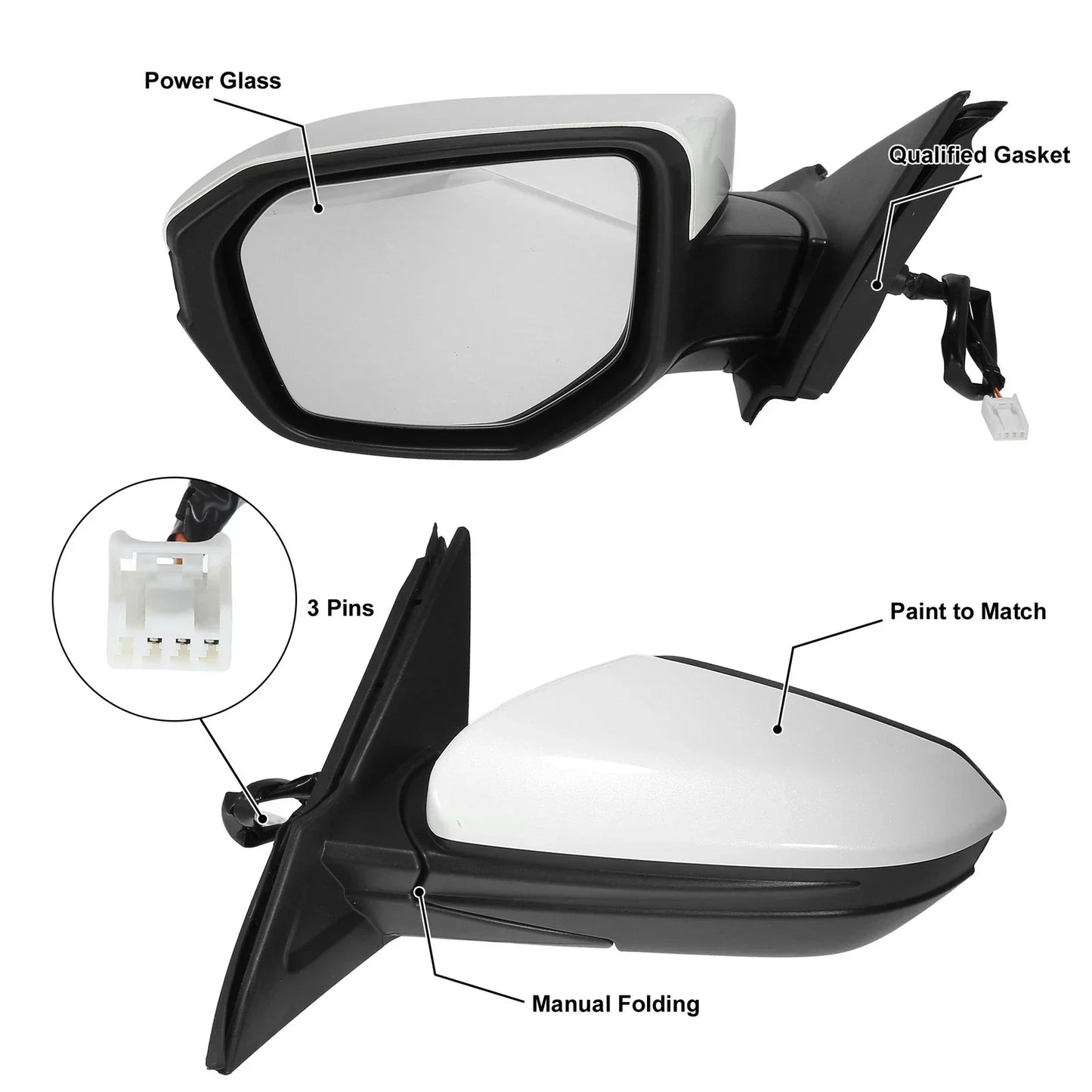Left Side Exterior Door Mirror Assembly White for Honda Civic (2016-2021)