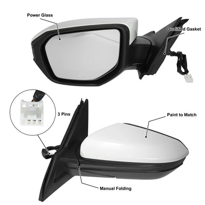 Left Side Exterior Door Mirror Assembly White for Honda Civic (2016-2021)