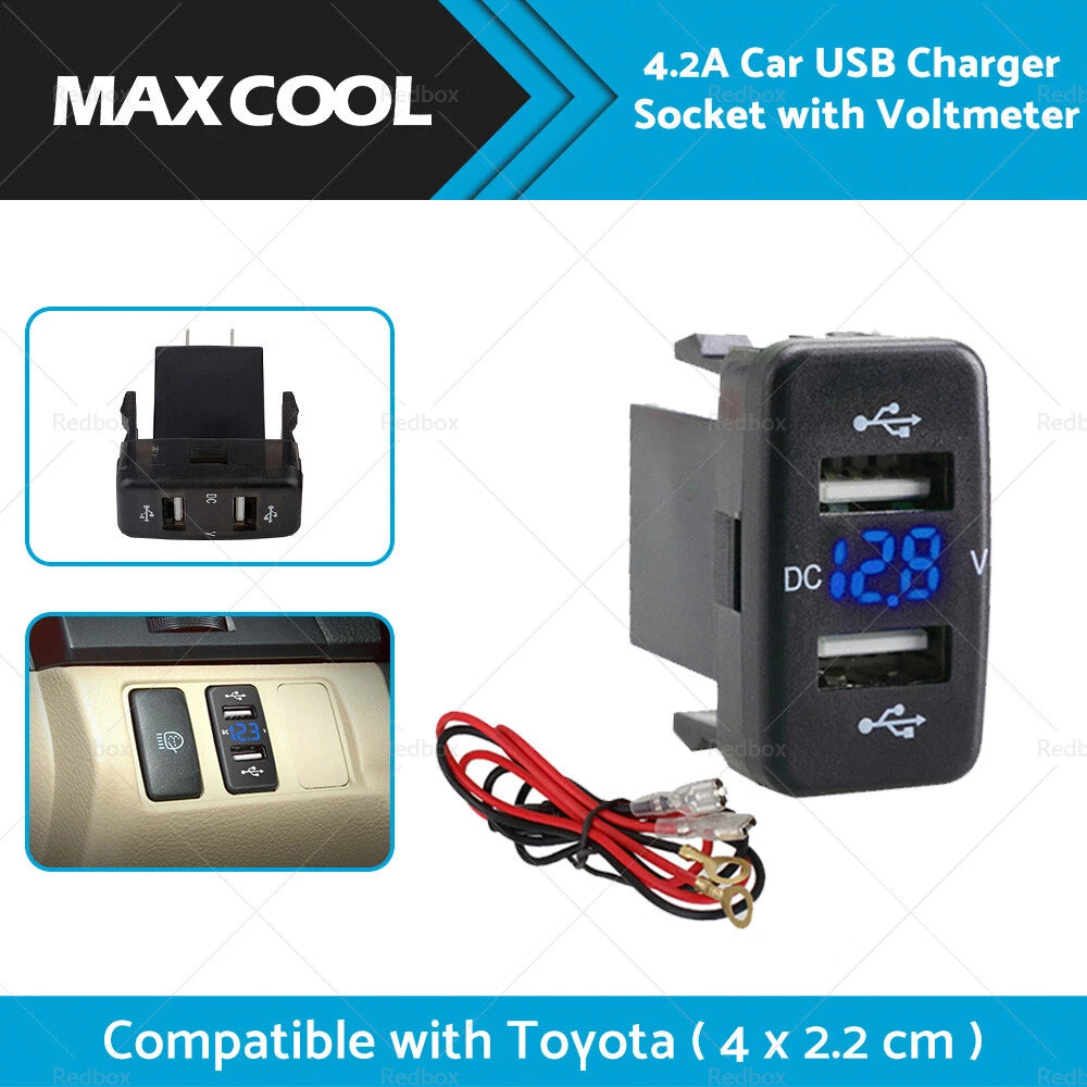 USB Car Charger Socket Voltmeter for Toyota Hilux, Prado, Camry, RAV4 (2007-2023)