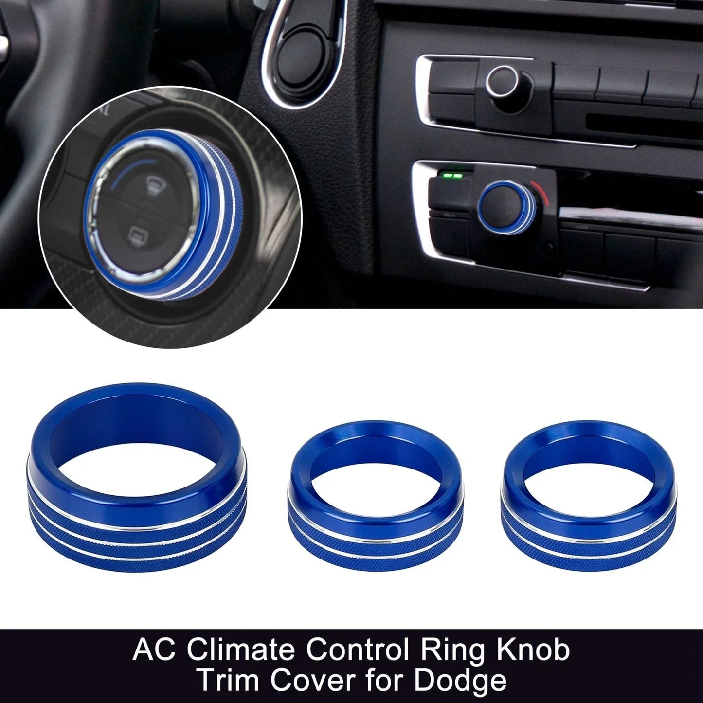 3 x Blue AC Climate Control Ring Knob Trim Covers for Dodge Challenger, Ram