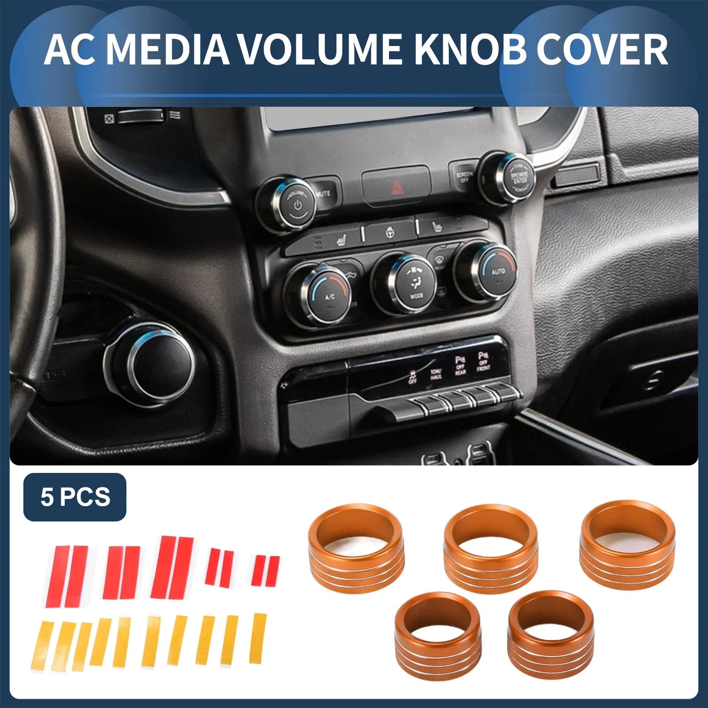 AC Media Volume Switch Knob Cover Ring for Dodge RAM 2018-2022 - 5 Pcs