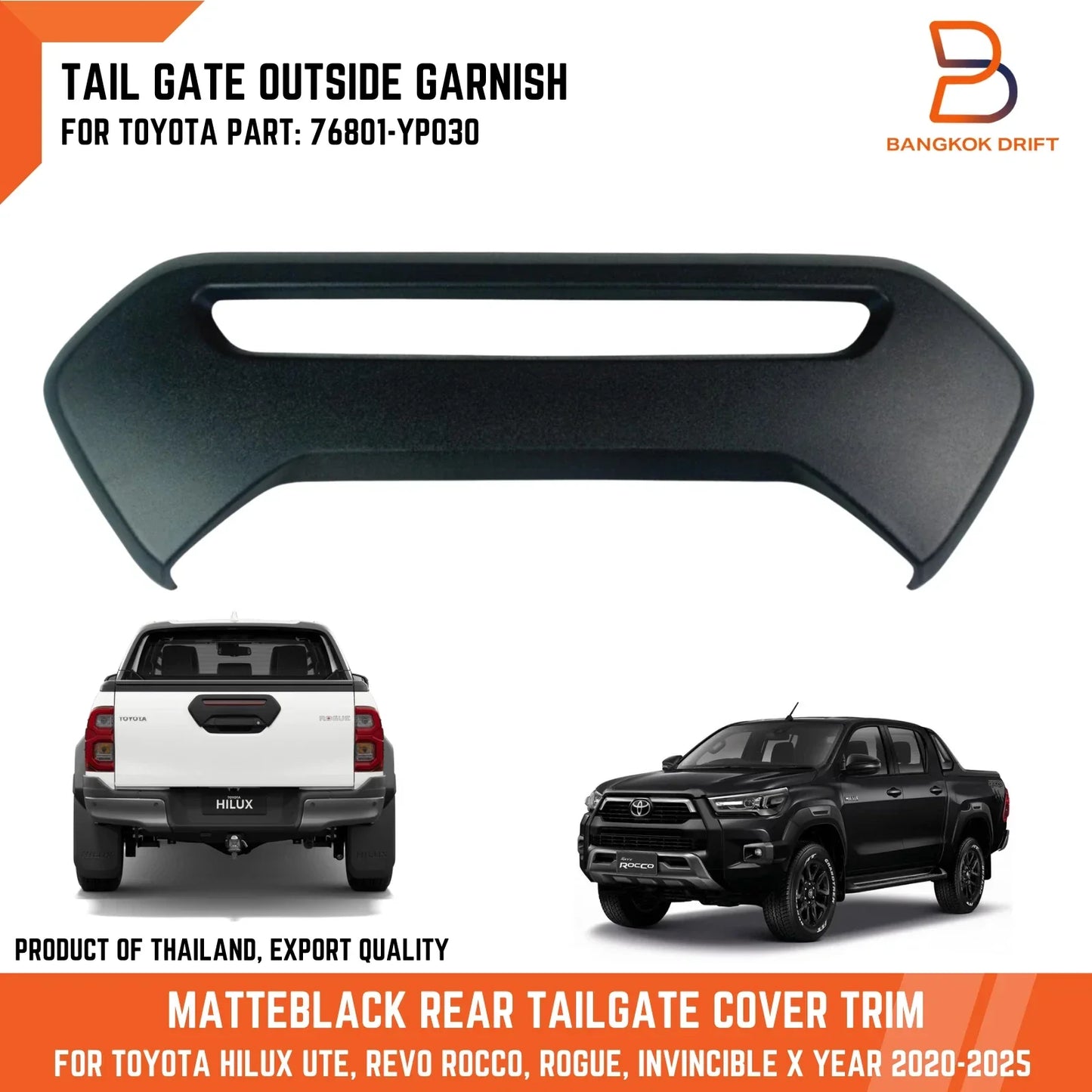 Black Tailgate Garnish Cover Trim for Toyota Hilux Ute (2020-2025)