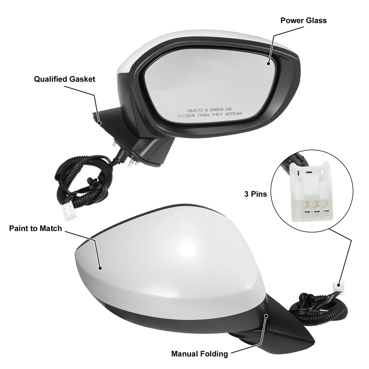 3 Pin Right Side Exterior Door Mirror Assembly White for Honda Civic (2022-2023)