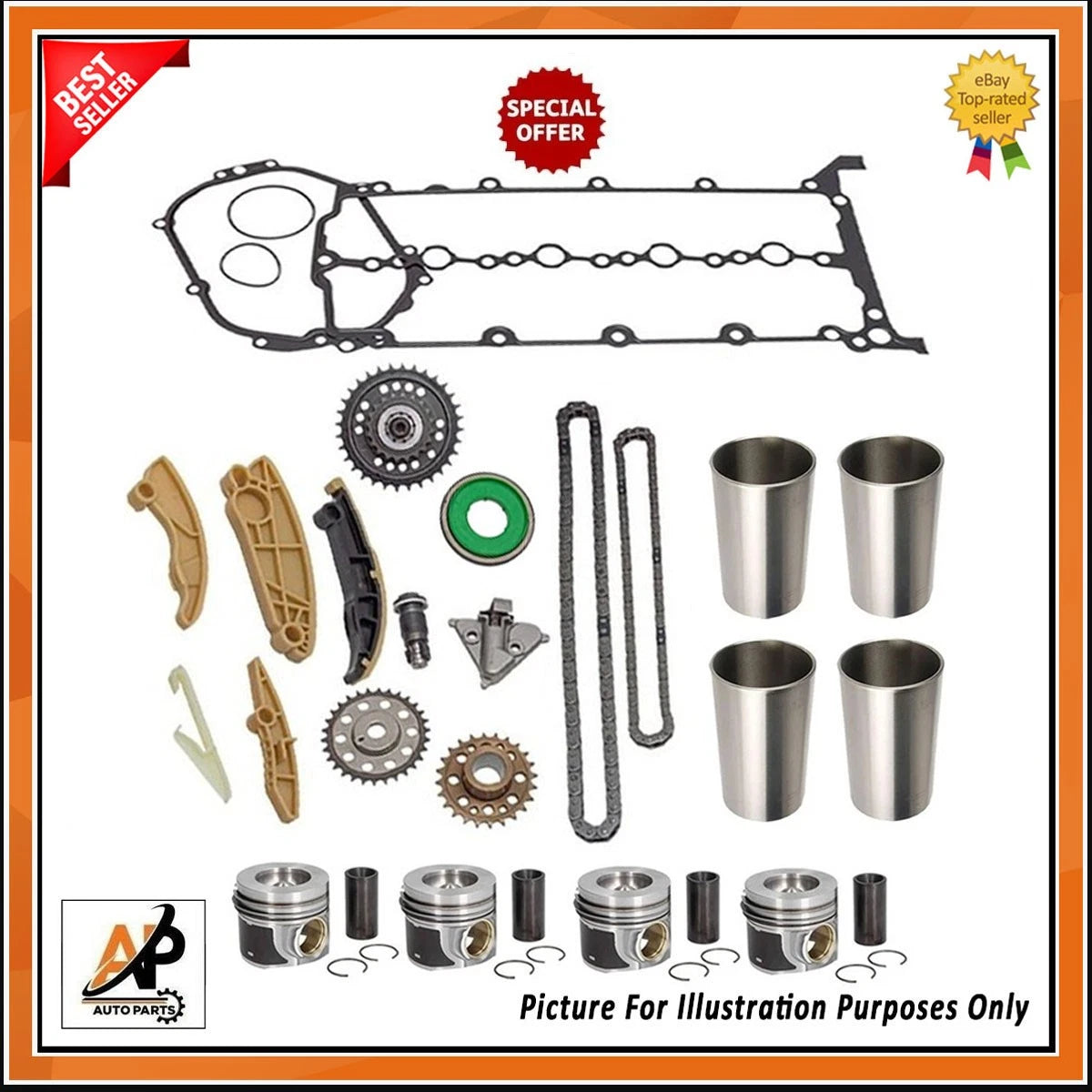 Engine Piston and Liner Kit with Gaskets and Chain for Land Rover Jaguar (2010–2020)