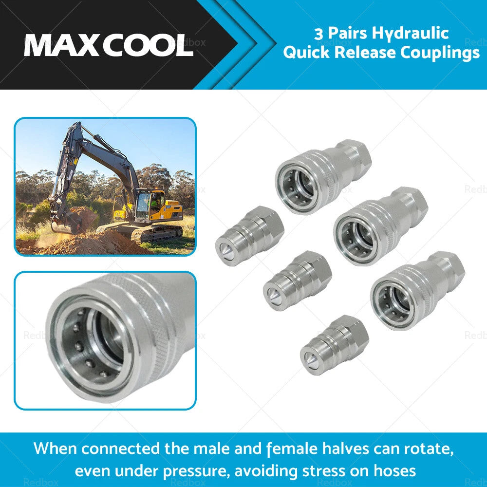 3 x 1/2" BSP Hydraulic ISO Poppet Quick Release Couplings for Tractor