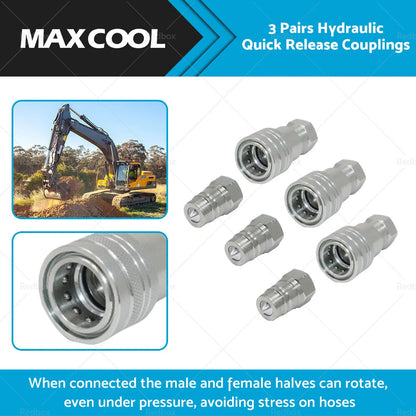 3 x 1/2" BSP Hydraulic ISO Poppet Quick Release Couplings for Tractor