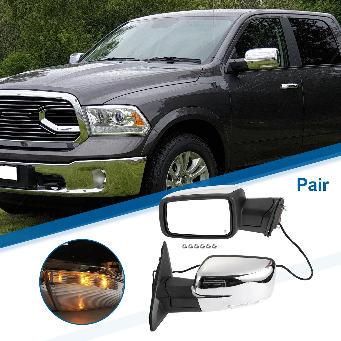 Tow Mirrors for Dodge Ram 1500 with Turn Signal Lights Silver Tone (2009-2018)