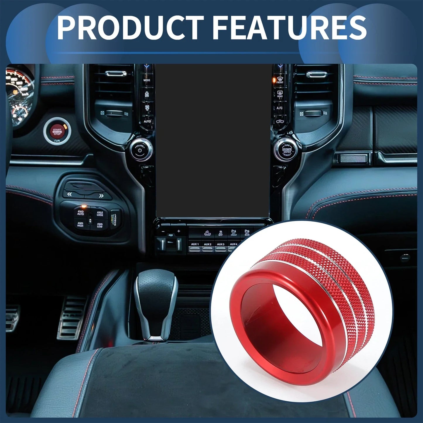 Center Console Audio Media Switch Knob Cover for Dodge Ram (2019-2021) 2 x Red