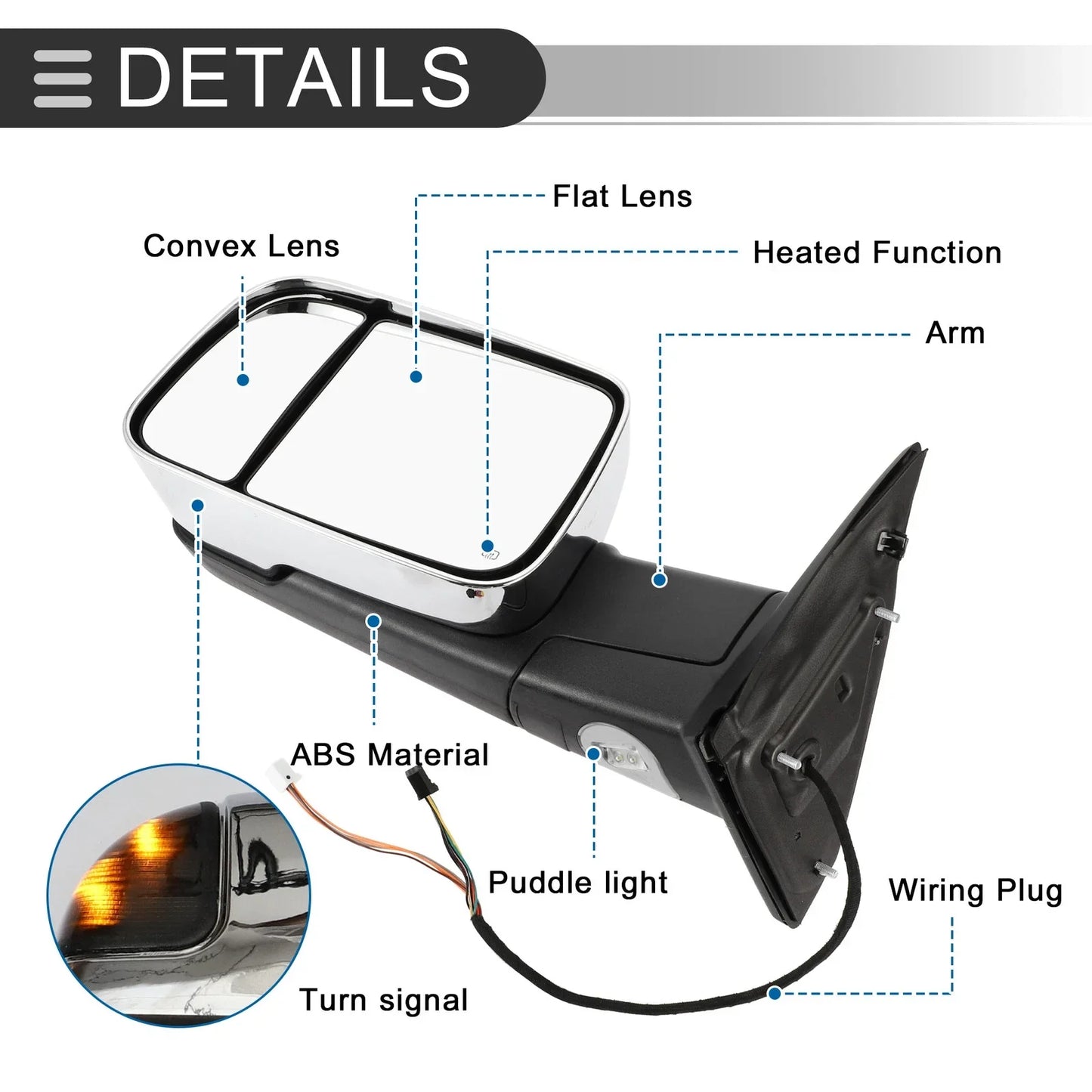 Tow Mirrors for Dodge Ram 1500 with LED Turn Signal Light Silver Tone (2009-2018)
