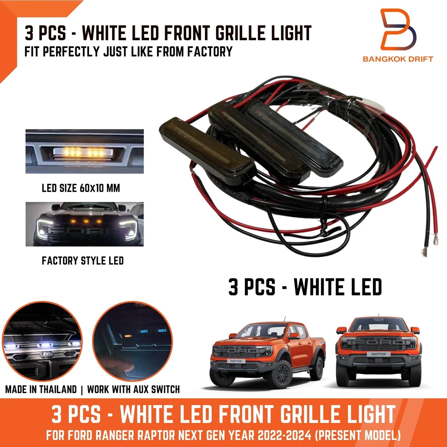 3 x White LED Front Grille Lights for Ford Ranger Raptor (2022-2025)