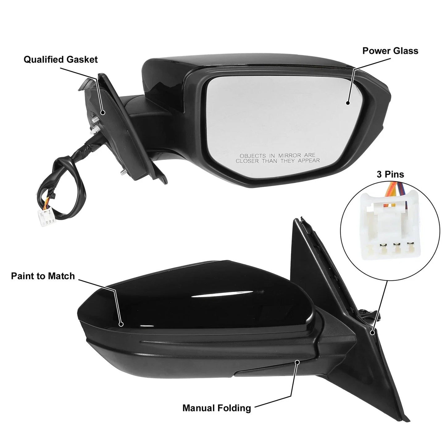 3 Pin Right Side Exterior Door Mirror Assembly Black for Honda Civic (2016-2021)