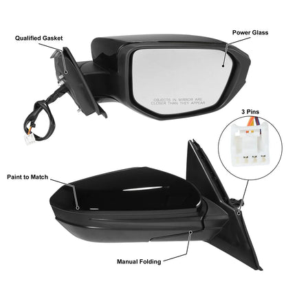 3 Pin Right Side Exterior Door Mirror Assembly Black for Honda Civic (2016-2021)