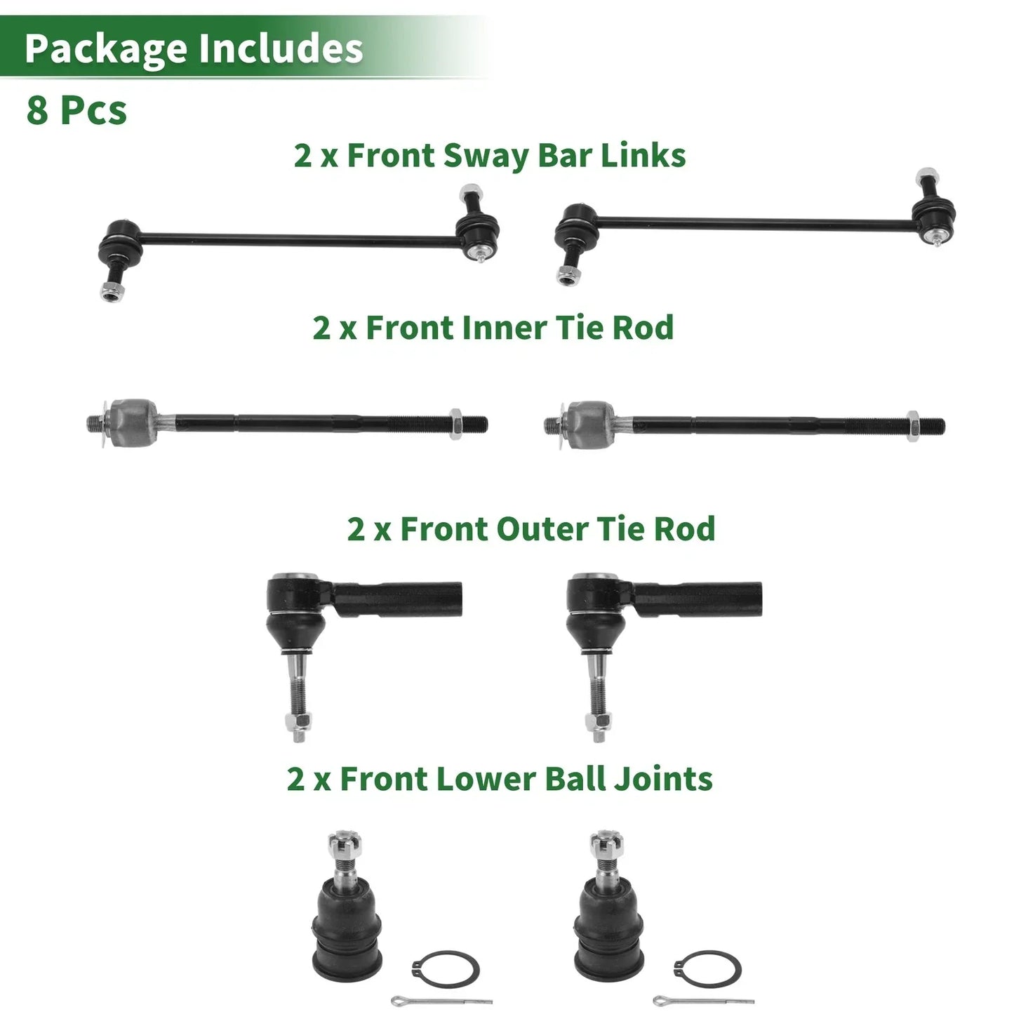 8pcs Front Suspension Kit Tie Rod Ends & Sway Bar Links for Dodge Caravan