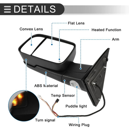 Tow Mirrors for Dodge Ram 1500 2013-2018 with Turn Signal Light - 1 Pair