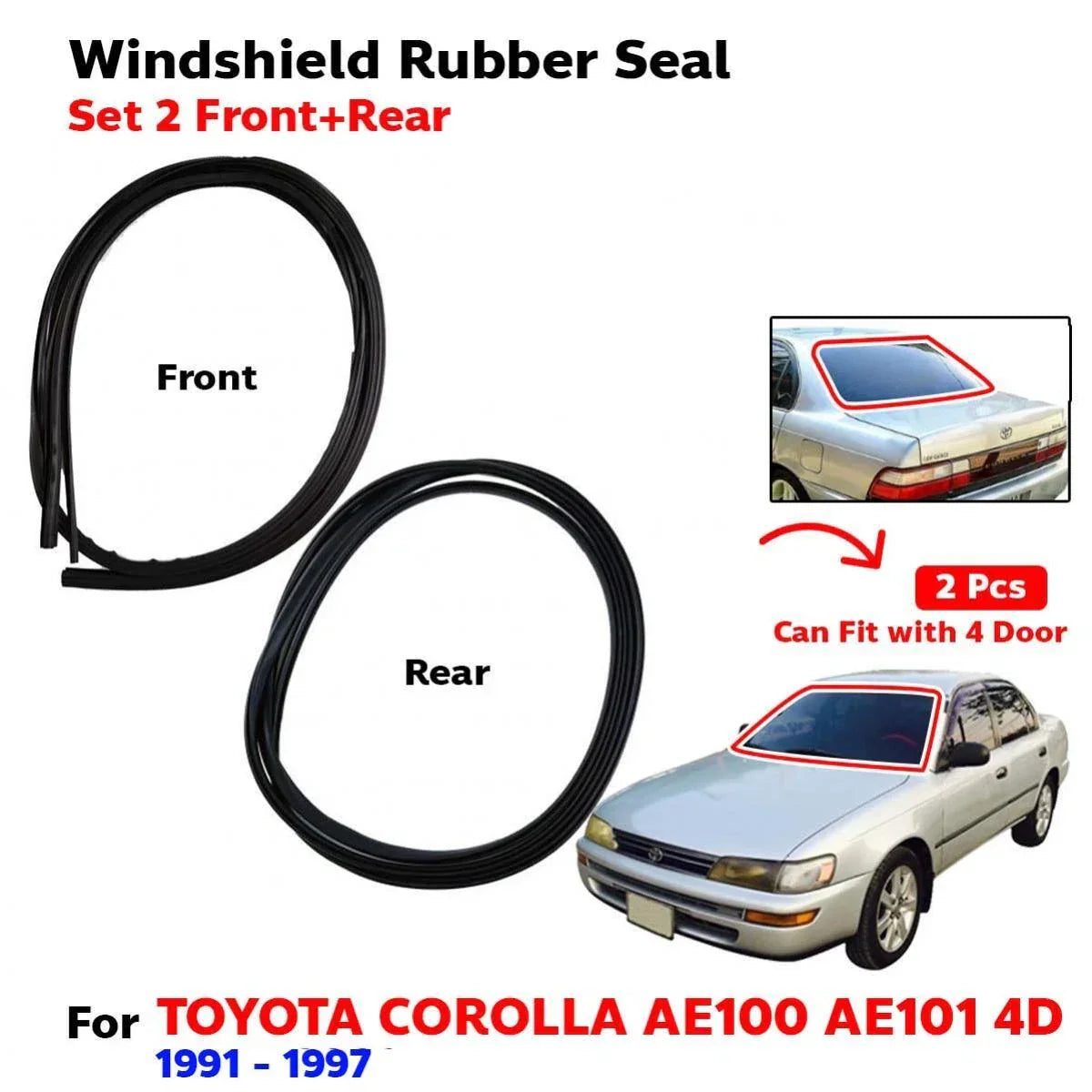 Windshield Rubber Front Rear Set 2 Fits Toyota Corolla EE100 AE100 AE101 4D SED