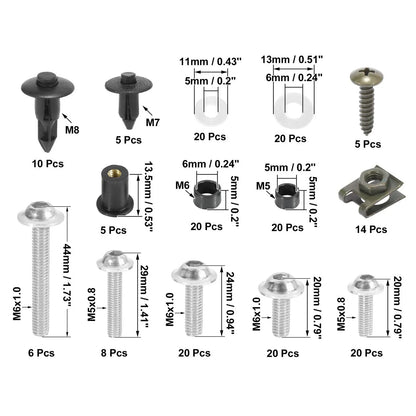 195pcs Motorcycle Fairing Body Bolts Silver Tone for Kawasaki Suzuki BMW