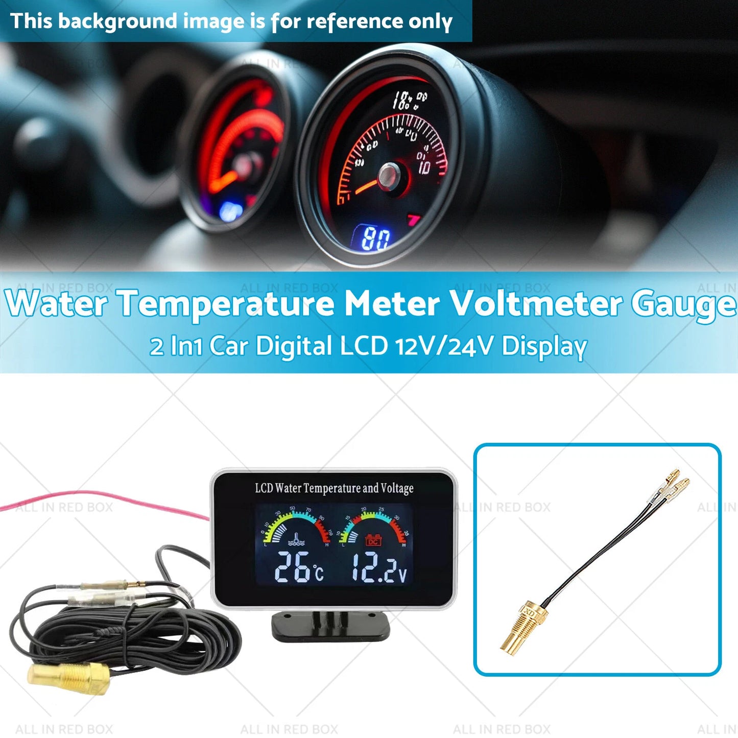 2-in-1 Digital LCD Water Temperature & Voltmeter Gauge for Car 12V/24V