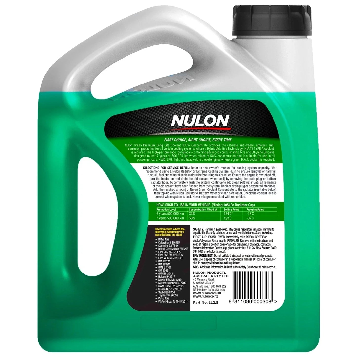 Nulon Green Premium Long Life Coolant 100% Concentrate 2.5L Long Life - AF/AB LL