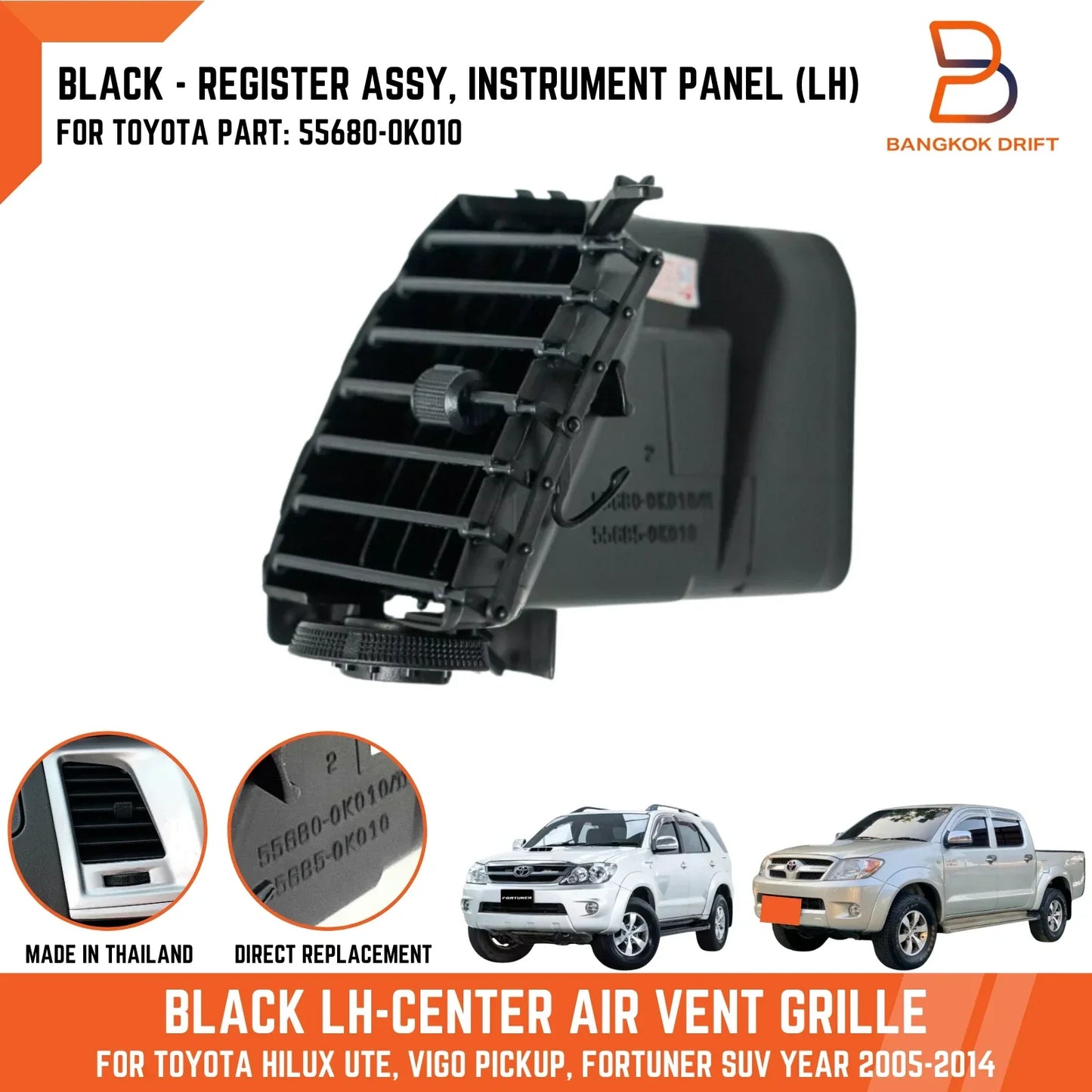 Black Left Center Air Vent Grille for Toyota Hilux Vigo (2005-2014)