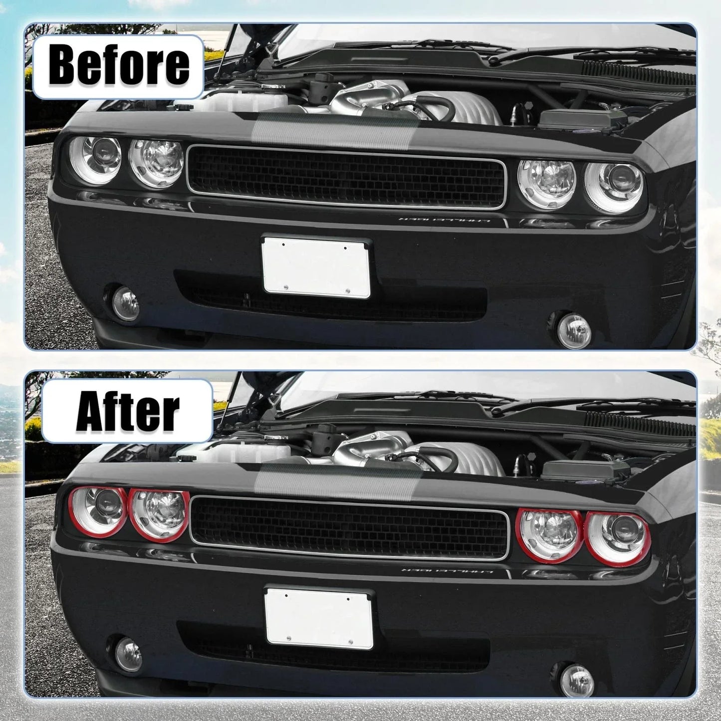 4 x Red Headlight Cover Decor Rings for Dodge Challenger (2015-2021)
