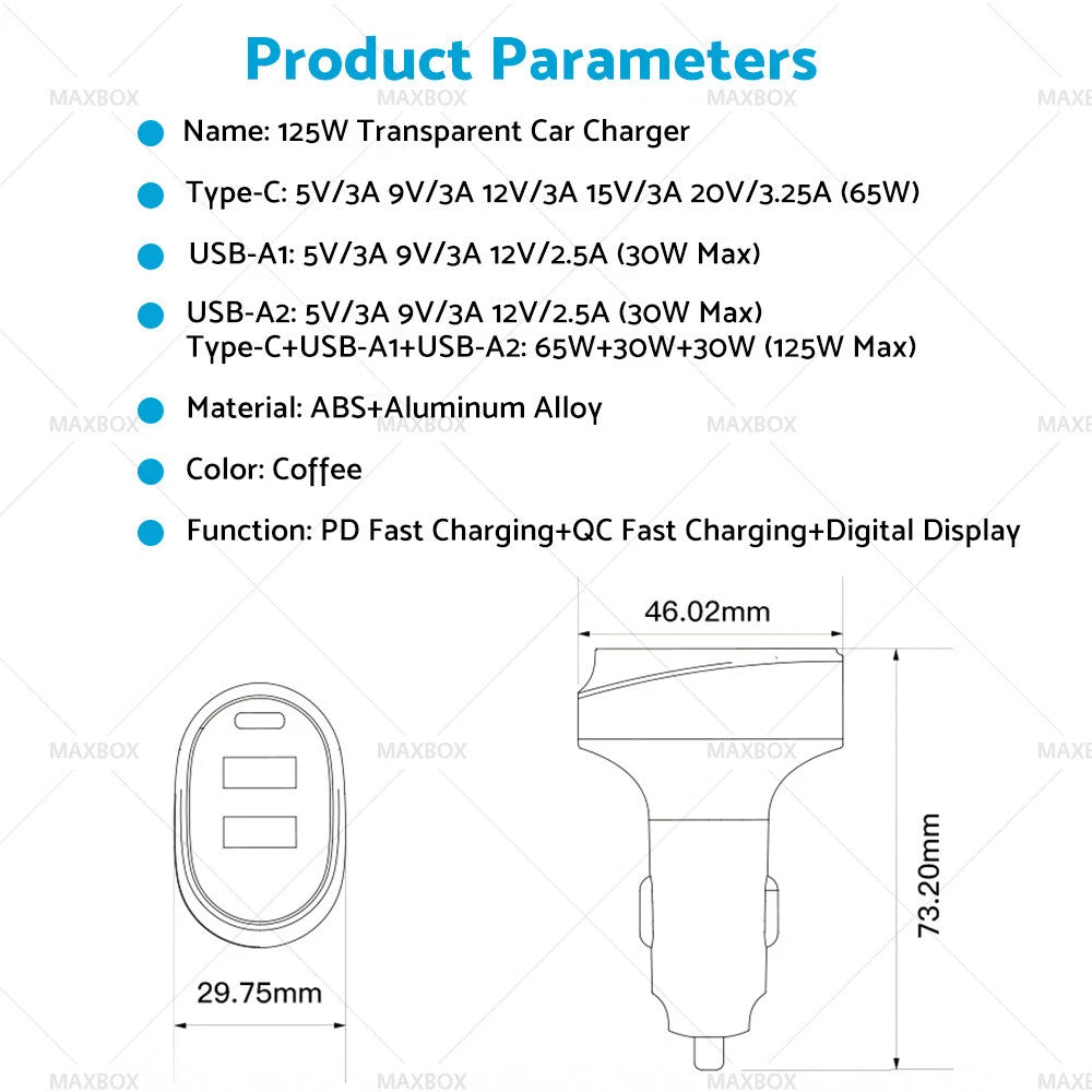 125W Car Charger Type C Dual USB Quick Charge Smart Display for Car