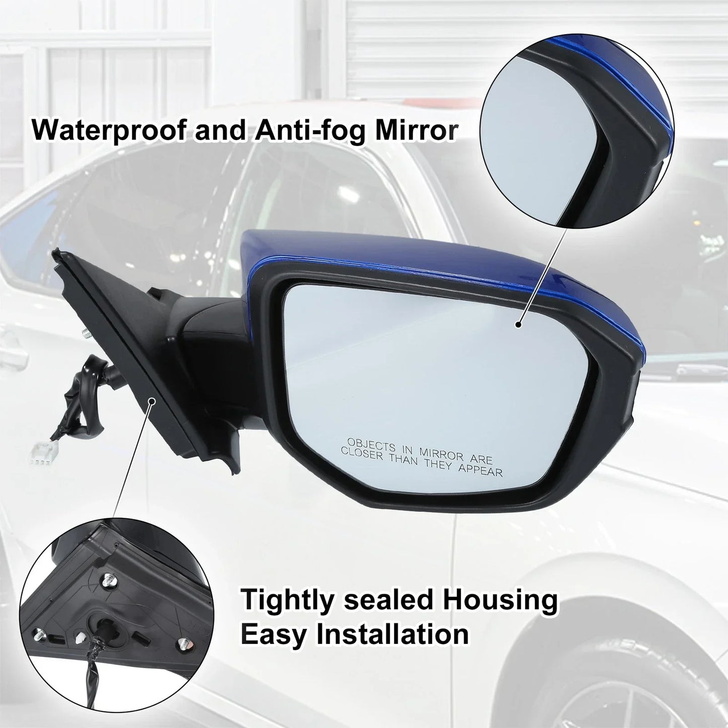 3 Pin Right Side Exterior Door Mirror Assembly Blue for Honda Civic (2016-2021)
