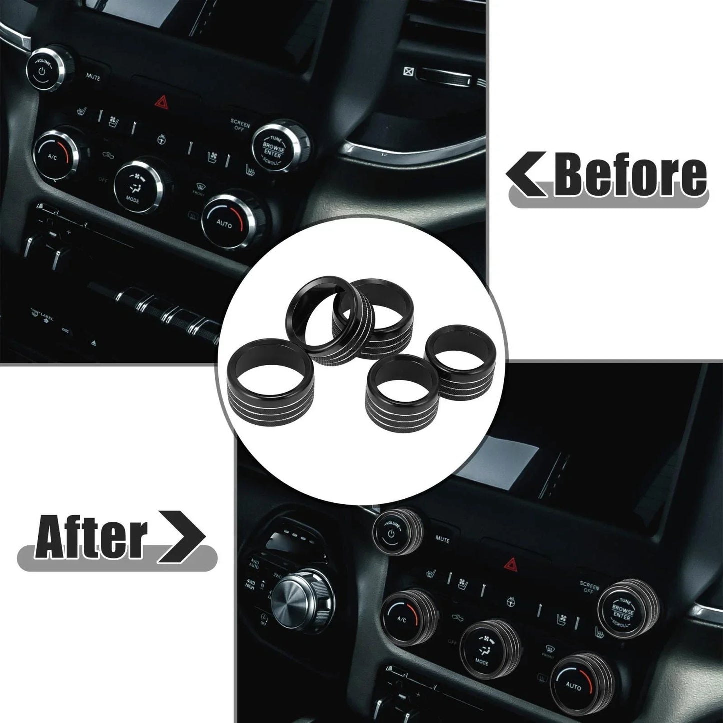 5 x Black AC Radio Switch Knob Covers for Dodge Ram 1500 (2018-2020)