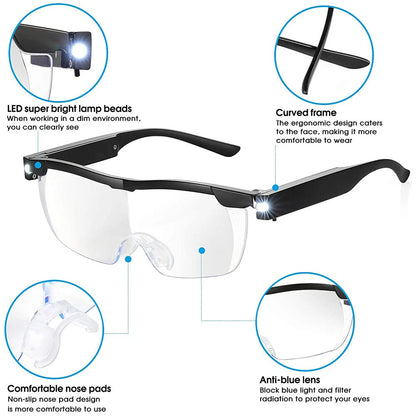 180% Magnifying Eyewear HD Glasses with LED Lights for Unisex