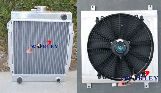 3 Row Aluminum Radiator & Fan & Red Hose for Datsun 1200 B110 (1970-1976)