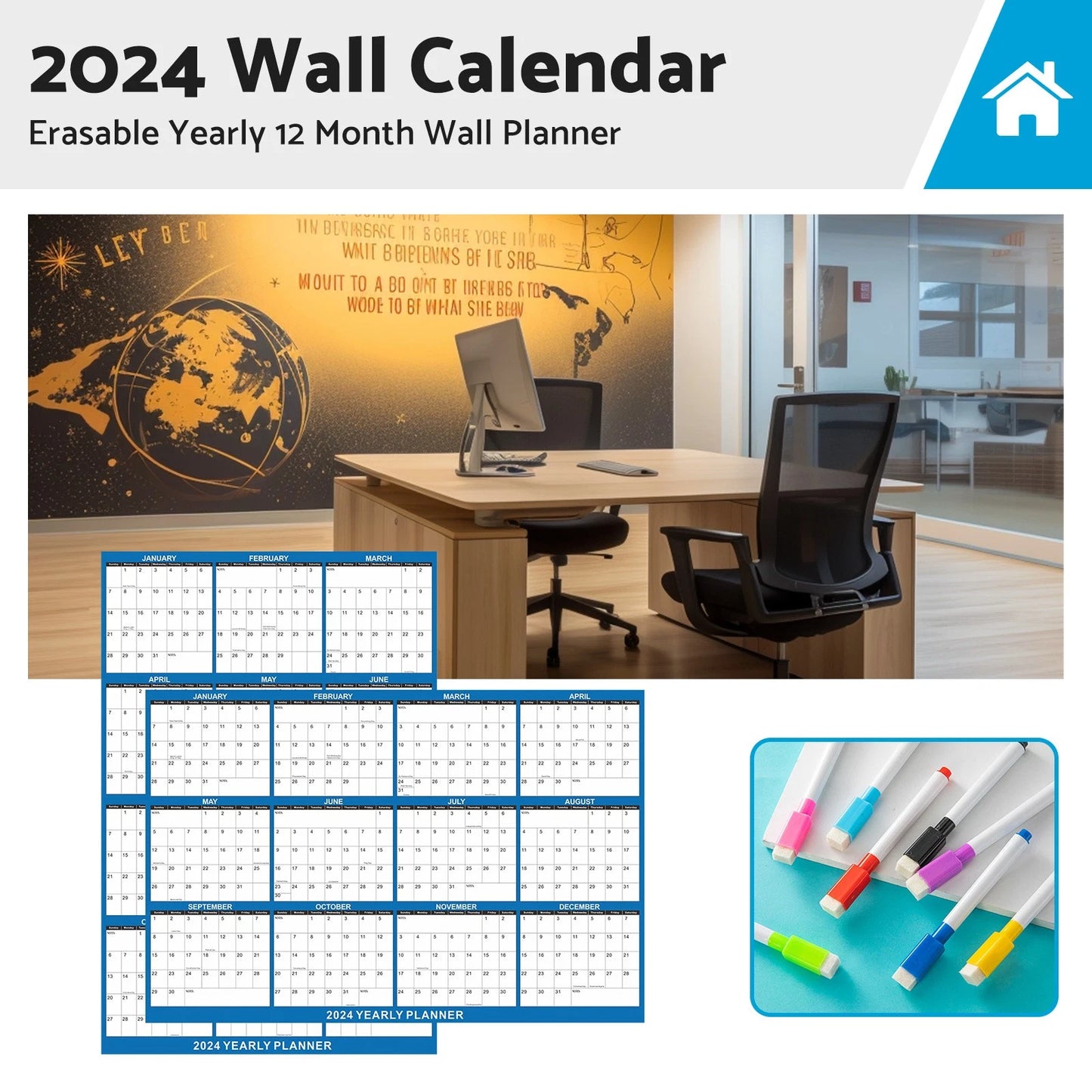 18 x 24 Inch 2024 Erasable Wall Calendar Planner - Navy