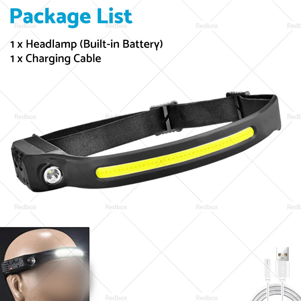 Waterproof LED COB Headlamp for Motion Sensor USB Rechargeable Headlight
