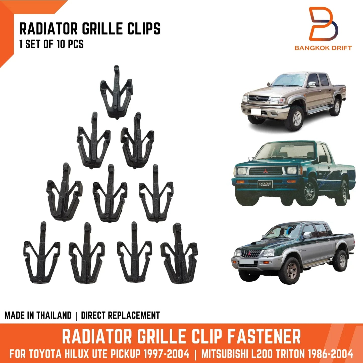 10 x Front Grille Clip Fasteners for Toyota Hilux, Mitsubishi Triton (97-04)