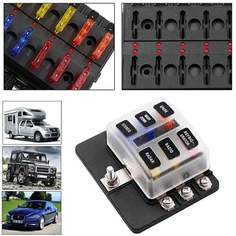 6-Way Blade Fuse Box Holder with LED Indicator for Car Marine Universal