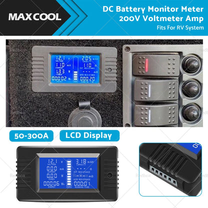 50-300A LCD Display 200V DC Battery Monitor Meter for RV System