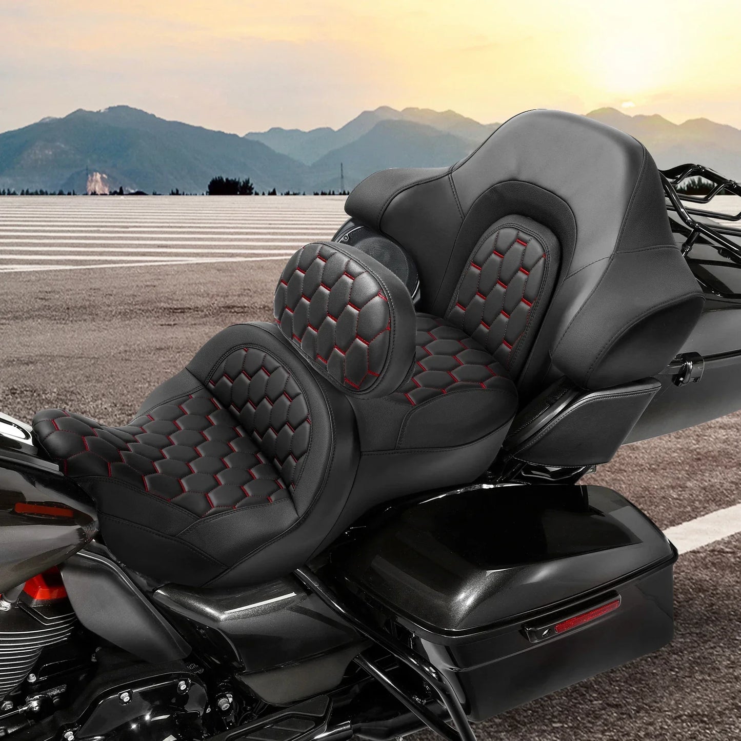 Black Red Driver Passenger Gel Seat Backrest for Harley Road King (2014-2023)