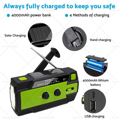 4000mAh Emergency Solar Hand Crank Radio Power Bank Charger Flashlight